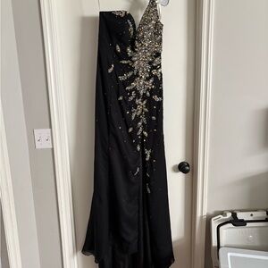 Cinderella Black and Silver Embellished Prom Dress
